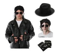 Costume da re del pop, giacca in pelle con parrucca nera, cappello e guanti borchiati, per adulti, per Halloween, cosplay, cattivo tributo - XL