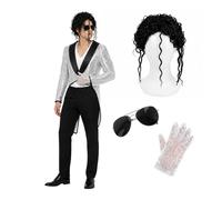 Costume da re del pop per adulti set di guanti parrucca con paillettes argento