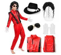 Costume da re del pop per bambini, taglia M, giacca e pantaloni rossi e neri, parrucca afro rilassata, cappello Fedora nero, occhiali da sole, guanti, icona della musica anni '80, costume per