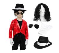 Costume da re del pop per bambini, taglia S, con paillettes rosse e parrucca riccia nera, Fedora, occhiali da aviatore e guanto con paillettes, per ragazzi e ragazze