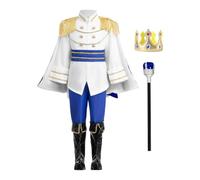 Costume da re per ragazzi, costume reale medievale, set per feste di Hallow | Il costume da principe per ragazzi da 7 pezzi include pantaloni superiori, mantello, corona, bacchetta , fascia in vita
