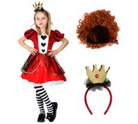 Costume da regina dei cuori da bambina, taglia M, vestito rosso con dettagli a cuore, parrucca riccia zenzero e corona dorata su fascia - Costume per bambini per la Giornata mondiale del libro della