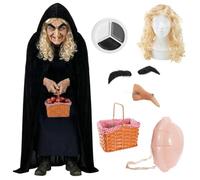 Costume da regina malvagia Hag, set travestimento da vecchia strega con mantello nero con cappuccio e parrucca bionda protesica naso gonfiabile, sopracciglia adesive folte e pittura per il viso e