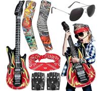 Costume da rock star per bambini, set da 7 pezzi con chitarra gonfiabile, occhiali da sole, guanti con maniche tatuate, bandana, accessori punk per uomini e donne, Halloween anni '80, discoteca party