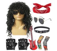 Costume da rocker anni '80, costume da rocker da uomo | Parrucche da rocker anni '70 e 80 per uomo, parrucca hippie con occhiali da sole bandana, 9 pezzi Halloween 80s Rocker Set