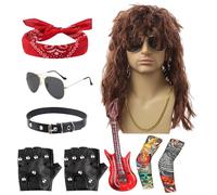 Costume da rocker da 70 anni '80 - Parrucca da uomo con bandana, set di occhiali da sole punk rock | 9 pezzi costume halloween in metallo stile retrò per concerti da discoteca, feste a tema hippie