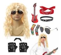 Costume da rocker degli anni '80 - Outfit da rockstar da 10 pezzi, musicista di Halloween Dress Up | per feste vintage con occhiali da parrucca guanti maniche barba collare oggetti
