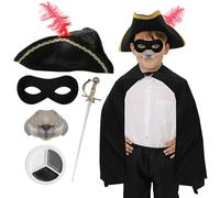 Costume da roditore da Highwayman, mantello nero, cappello tricorno con piuma, maschera elastica, naso di topo e spada di plastica, ideale per la Giornata mondiale del libro, Halloween e divertimento