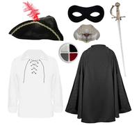 Costume da roditore da Highwayman per bambini, taglia M, camicia bianca con lacci, mantello nero, cappello tricorno con piuma, maschera per gli occhi, naso di ratto, spada e pittura facciale, per