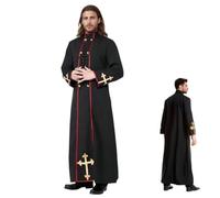 Costume da sacerdote da uomo, vestito da vescovo del clero, con collana, costume da papa Cassock, per Halloween e chiesa (nero, XL)