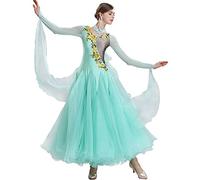 Costume da Salsa Ricamato Abito da Ballo Foxtrot in Pizzo Valzer Tango National Standard Ballroom Dance Competition Abiti Grande Altalena in Tulle con Squisita Copertura per Il Collo,Verde,XL