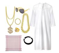 Costume da sceicco arabo da uomo, 8 pezzi, abito arabo, costume arabo, Thobe bianco del Medio Oriente con foulard, collana, anello, occhiali da sole, abito cosplay arabo per feste, Halloween