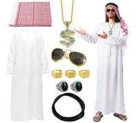 Costume da sceicco da uomo, 10 pezzi, costume arabo da uomo, con abito bianco arabo, bandana, anello per dita, occhiali da sole, costume di carnevale, costume da sceicco arabo, costume da uomo, per