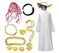 Costume da sceicco per uomo Set per Cosplay Halloween con Copricapo Arabo | Tunica Bianca Ampia e Lunga con Kefiah Ideale per Carnevale, Halloween e Servizi Fotografici