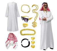 Costume da sceicco per uomo Set per Cosplay Halloween con Copricapo Arabo | Tunica Bianca Ampia e Lunga con Kefiah Ideale per Carnevale, Halloween e Servizi Fotografici
