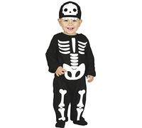 FIESTAS GUIRCA | Costume Scheletro Bebè (12-18 Mesi) - Tutina e Cappello - Costumi di Halloween e Feste in Maschera per Bebè Unisex - Ideale per Celebrazioni di Scheletri - Nero e Bianco