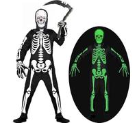 Costume da scheletro per bambini con set di accessori da fantasma, costume di Halloween da scheletro che si illumina al buio per ragazzi e ragazze, costume da mietitore per carnevale di Halloween