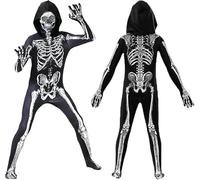 Costume da Scheletro per Bambini, Tuta con Stampa Scheletro e Cappuccio, Costume Skelito per Halloween,Costume halloween Bambino Feste e Cosplay, per Ragazzo Ragazza (120)