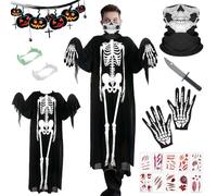 Costume da Scheletro per Halloween, 120cm Cos-tume da Sche-letro per Bambini Adulti, Costume da scheletro di Halloween, Guanti da teschio, Maschera da teschio, Costume da Scheletro Fantasma