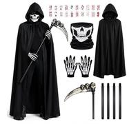 Costume da Sensenmann per bambini, 120 cm, per Halloween, decorazione per | Costume horror per bambini con mantello nero, maschera da scheletro, guanti, cicatrici, tatuaggi