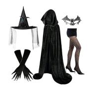 Costume da - Set Cosplay , mantello, cappello, guanti, maschera in pizzo e per cosplay, matrimonio gotico, festa rinascimentale, Nero , Se référer au descriptif