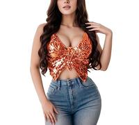 Costume da sirena da donna, con farfalla metallica e paillettes, top sexy per danza del ventre, senza maniche, canottiera, colore arancione