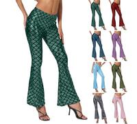 Costume da sirena da donna, elegante, con motivo a squame lucido, leggings metallizzati, lunghi per discoteca, carnevale, club, cosplay, pesci, stampa sirena, pantaloni svasati, bianco, S