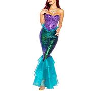 Costume da sirena da donna, maxi abito senza spalline, con volant e paillettes, gonna lunga a coda lunga, per cosplay e Halloween, Blu, M