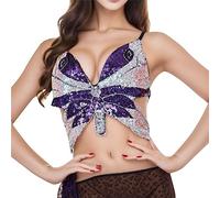 Costume da sirena da donna, top bikini per danza del ventre, reggiseno con paillette, perline, bretelle a farfalla, top crop top per danza del ventre, abbigliamento da danza del ventre, multicolore