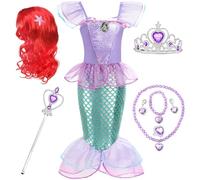 Costume da sirena, da principessa, da ragazza, 110 cm, da sirena, con parrucca, bracciale, orecchini, collana, bacchetta magica, fascia per capelli per cosplay, carnevale, feste