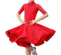 Costume da Spettacolo Teatrale per Ragazze con Body e Gonna per Bambini - Gonna da Ballo Plissettata Salsa Tango, Abito Diviso da Ballo Latino in Pizzo con Orlo Arricciato,Red 1,120cm