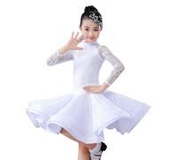 Costume da Spettacolo Teatrale per Ragazze con Body e Gonna per Bambini - Gonna da Ballo Plissettata Salsa Tango, Abito Diviso da Ballo Latino in Pizzo con Orlo Arricciato,Bianca,160cm