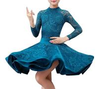Costume da Spettacolo Teatrale per Ragazze con Body e Gonna per Bambini - Gonna da Ballo Plissettata Salsa Tango, Abito Diviso da Ballo Latino in Pizzo con Orlo Arricciato,Blu,140cm