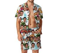 Costume da spiaggia da uomo personalizzato con foto Face Camicia e pantaloncini hawaiani Set Camicia hawaiana da spiaggia estiva personalizzata Set Tute da uomo Pantaloncini da bagno Taglia - 2XL