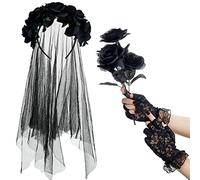 Costume da Sposa Cadavere di Halloween Velo a Rete con Cerchietto di Ghirlanda di Rose e Bouquet di Rose e Guanti in Pizzo Nero Senza Dita Costumi del Giorno dei Morti per Donne (Nero)