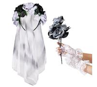 Costume da Sposa Cadavere di Halloween Velo a Rete con Cerchietto di Ghirlanda di Rose e Bouquet di Rose e Guanti in Pizzo Nero Senza Dita Costumi del Giorno dei Morti per Donne (Grigio, Bianco)