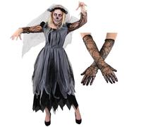 COSTUME DA SPOSA FANTASMA DA DONNA VESTITO DI HALLOWEEN GUANTI VELO...