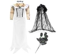 Costume da sposa zombie, per bambine, taglia L, vestito bianco con decorazioni in pizzo, velo nero, bouquet di rose nere, costume per bambini per film TV o scherzetto per Halloween
