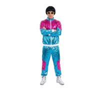 Costume da star della musica anni '90, taglia XXL, giacca e pantaloni blu e rosa, con ciotola nera e occhiali da nerd gialli, costume retrò per addio al celibato e addio al nubilato
