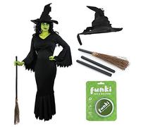Costume da strega da donna, taglia M, perfetto per Halloween, il set include vestito, cappello, pittura per il viso e scopa