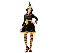 Costume da strega da donna, vestito da zucca con cappello, set completo per Halloween, con fiocco, cintura, per feste di carnevale (nero e giallo, M)