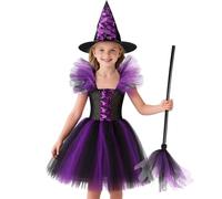 Costume da Strega di Halloween per Ragazza Streghe Viola per Bambino Vestito Collant Gonna Abiti Cappello Scope Manico Halloween Party Fancy Dress Up (Viola, 120 (5-6 anni))