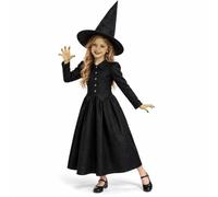 Costume da strega malvagia per | Abito a maniche lunghe e cappello a punta, 2 pezzi, tutto in tessuto nero con lucentezza liscia, chiusura frontale con