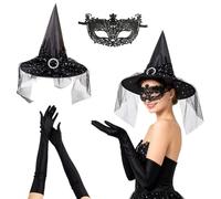Costume da strega nera da donna, accessori per Halloween, streghe | Costumi da mago di Halloween con cappelli a punta, maschera a mezza faccia, guanti lunghi per donne e adulti, gotico