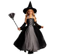 Costume da Strega per Bambina, Bambini Costume di Streghetta per Halloween, 3PZ Vestito con Glitter da Strega per Bambina, con Scopa, Cappello, Vestiti da Witches per Halloween e Carnevale e717