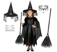 Costume da Strega per Bambina, Costume di Halloween 5 Pezzi Nero - Completo Fancy Dress con Cappello, Collana e Accessori per Festa, Carnevale 140CM