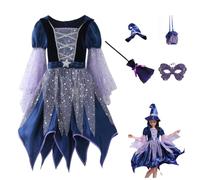 Costume da strega per bambina, vestito da strega per Halloween, con cappello da strega, bacchetta magica e borsa, set da 4/5 pezzi con stella glitterata in tulle morbido, a maniche lunghe, per