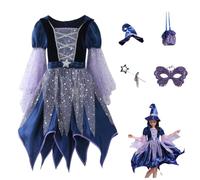 Costume da strega per bambina, vestito da strega per Halloween, con cappello da strega, bacchetta magica e borsa, set da 4/5 pezzi con stella glitterata in tulle morbido, a maniche lunghe, per