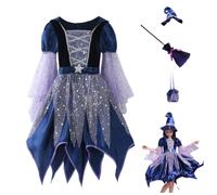 Costume da strega per bambina, vestito da strega per Halloween, con cappello da strega, bacchetta magica e borsa, set da 4/5 pezzi con stella glitterata in tulle morbido, a maniche lunghe, per