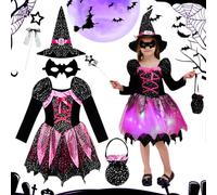Costume da strega per bambine, costume da strega con luci, costume di | Costume da strega per bambine, con gonna tutù, cappello da strega, per Halloween, carnevale, gioco (120 cm)